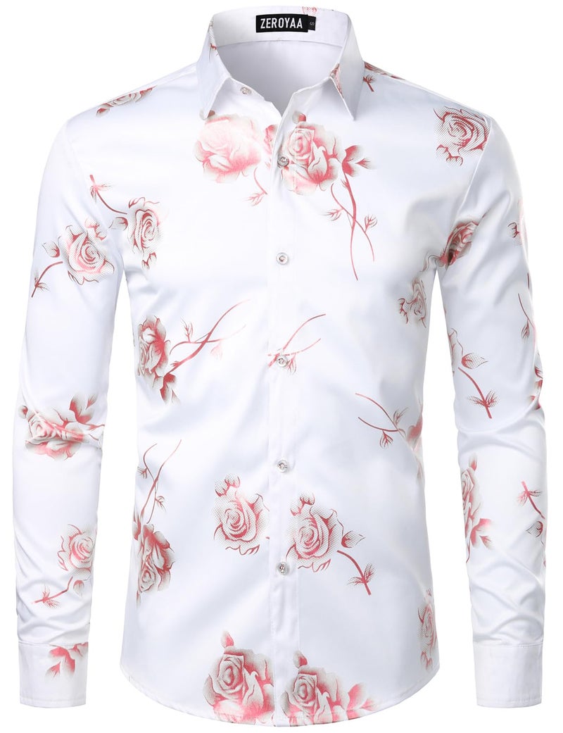 ZEROYAA Mens Hipster 3D Rose Deign Slim Fit Long Sleeve Button Up Dress Shirts ZZCL22 White Pink Small - Image 1